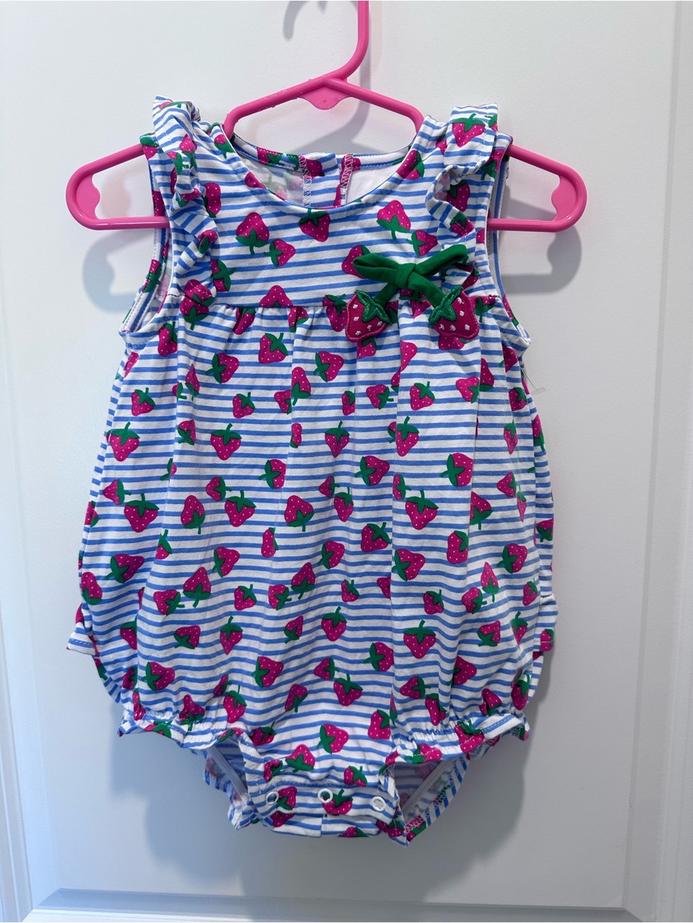 Florence Eiseman Pink Strawberry Print Blue & White Striped Baby One-Piece